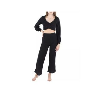 ALMOST FAMOUS Womens Black Ribbed Long Sleeve Crop Top Top Flare Pants Sets L